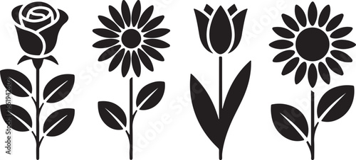 Black flower silhouettes rose daisy tulip sunflower
