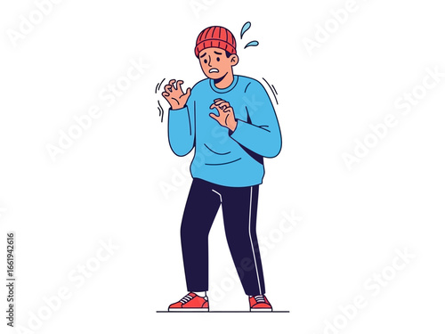 Anxious illustration : An illustration of an anxious person in warm clothing, sweat dripping from the forehead and body language expressing fear.