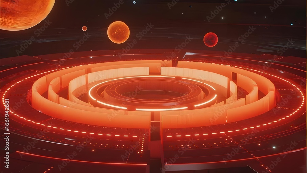 Fototapeta premium Futuristic Circular Platform with Illuminated Rings and Planetary Background
