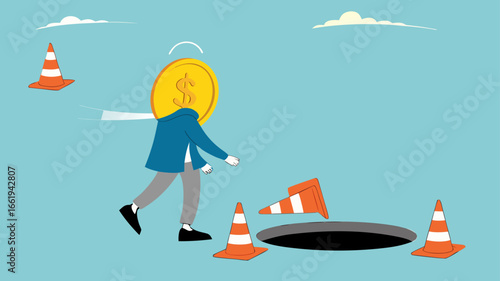 investment scam, Financial Fraud or Illegal Investment, ponzi scheme concept, businessman investor who is lulled by fake investments who walks forward towards a trap hole

