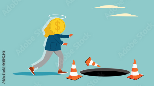 investment scam, Financial Fraud or Illegal Investment, ponzi scheme concept, businessman investor who is lulled by fake investments who walks forward towards a trap hole
