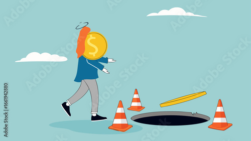 investment scam, Financial Fraud or Illegal Investment, ponzi scheme concept, businessman investor who is lulled by fake investments who walks forward towards a trap hole
