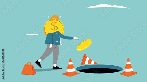 investment scam, Financial Fraud or Illegal Investment, ponzi scheme concept, businessman investor who is lulled by fake investments who walks forward towards a trap hole
