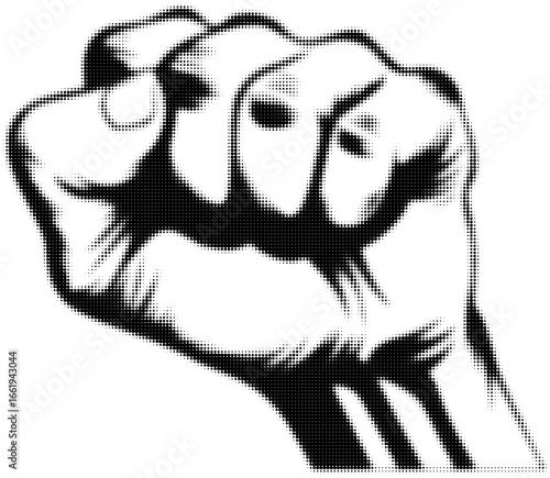 Black and white halftone illustration of a raised fist symbolizing strength. Vector illustration