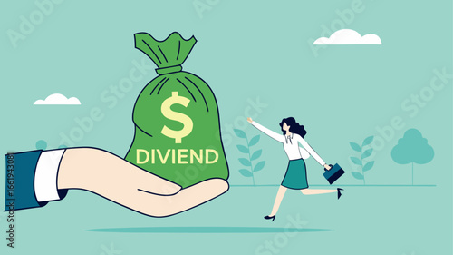 getting dividend from investment with happy businesswoman investor receives a bag of dividend money from the businessman's hand, payment return from investment
