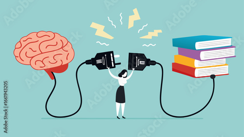 read books to learn new lessons, literature or intelligence information, improve literacy and numeracy skills, woman connect plug with stack of book with human brain concept vector illustration
