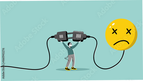 overworked or stressed at work, refresh or recover after tired at work, re charge yourself, restore enthusiasm for work, recharge mood, businessman connect plug with bad mood icon to power socket
