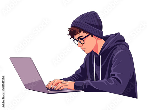 Focused coder: A young coder, engrossed in his work, sits behind a laptop, focused intently, in a digital art piece.