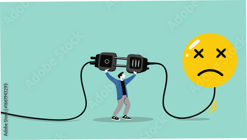 overworked or stressed at work, refresh or recover after tired at work, re charge yourself, restore enthusiasm for work, recharge mood, businessman connect plug with bad mood icon to power socket
