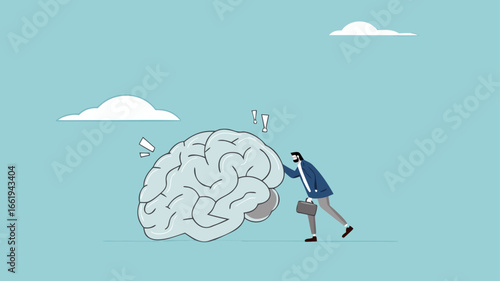 broken brain concept vector illustration, brain damage caused by pornography or PMO, depressed businessman can't concentrate on work because his brain is damaged
