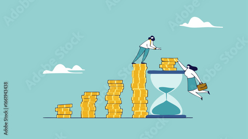 long term investment concept, Growth Earning From Compound Interest In Long Term Investing, businesswoman makes financial growth graph by stacking gold coins on top of hourglass vector illustration
