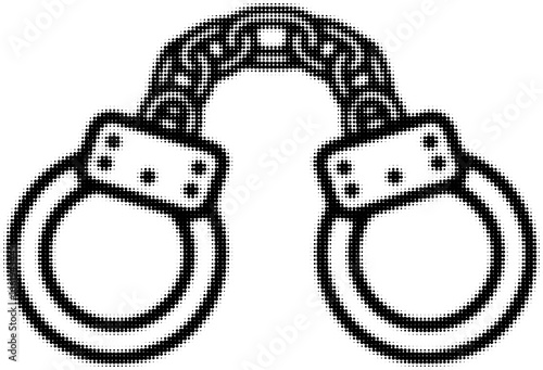 Pixelated black and white handcuffs with chains, minimalist illustration. Vector illustration