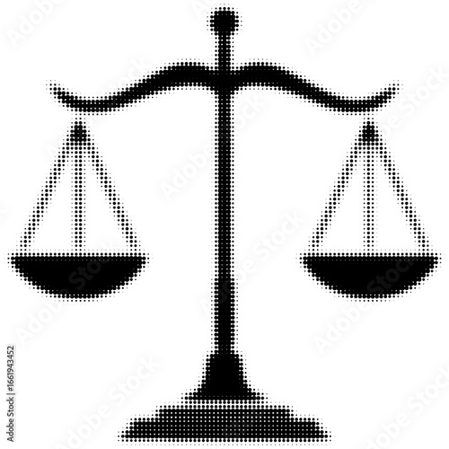 Silhouette of justice scales with halftone pattern, symbol of balance and fairness. Vector illustration
