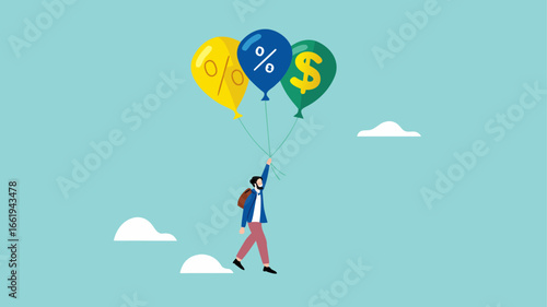 return on investment or dividend leads to financial freedom, compound interest growth on capital, successful investment strategy, businessman flying using balloon with dollar icon and growth graph
