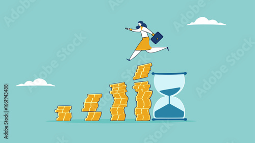 long term investment concept, Growth Earning From Compound Interest In Long Term Investing, businesswoman makes financial growth graph by stacking gold coins on top of hourglass vector illustration
