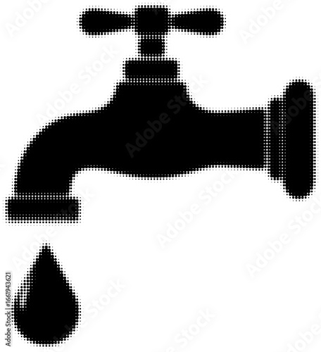 Black dotted faucet silhouette with a single droplet in minimalistic style. Vector illustration