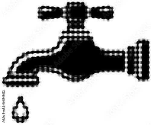 Halftone black and white illustration of dripping faucet with water droplet. Vector illustration