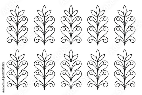 Ten identical black floral ornamental elements on a white background decorative