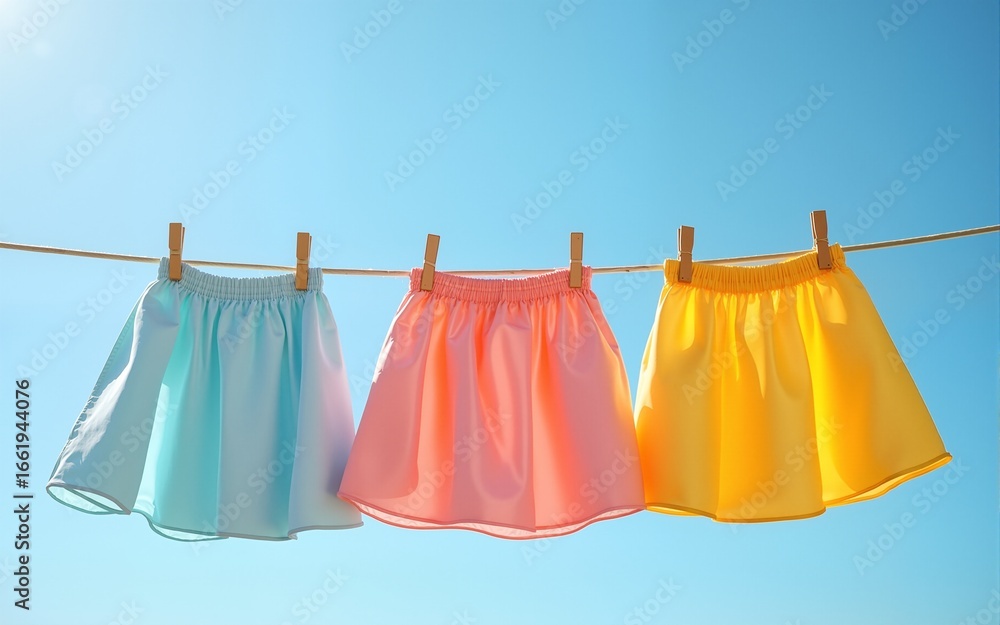 Colorful skirts drying on clothesline under blue sky, summer fashion concept, breezy clothing, fresh laundry, light fabric, pastel tones, feminine casual wear, warm weather outfit. High quality Colorful skirts drying on clothesline under blue sky, summer fashion concept, breezy clothing, fresh laundry, light fabric, pastel tones, feminine casual wear, warm weather outfit. High quality