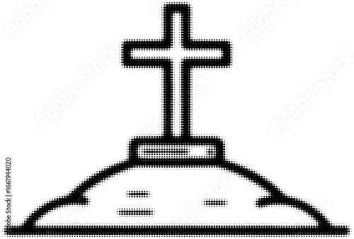 Gravestone with cross on a mound in dotted black ink art style. Vector illustration