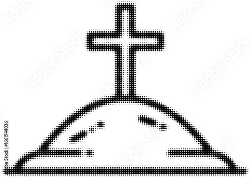 Grave with cross in black and white halftone effect, conceptual design. Vector illustration