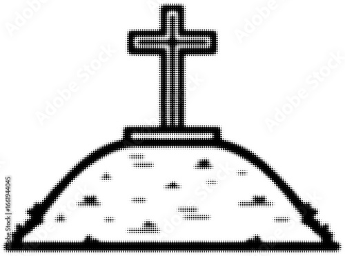 Gravestone with cross on burial mound in black and white illustration detail. Vector illustration