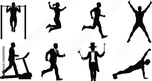 Silhouette set of people performing fitness, exercise, running, magic tricks, treadmill walking, jumping, planking, pull-ups, vector icons, isolated black design