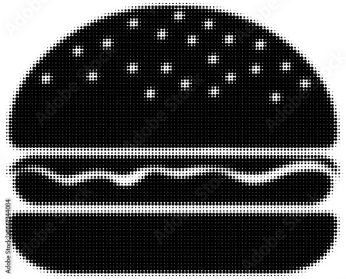 Black and white pixelated burger icon with sesame seeds on bun. Vector illustration