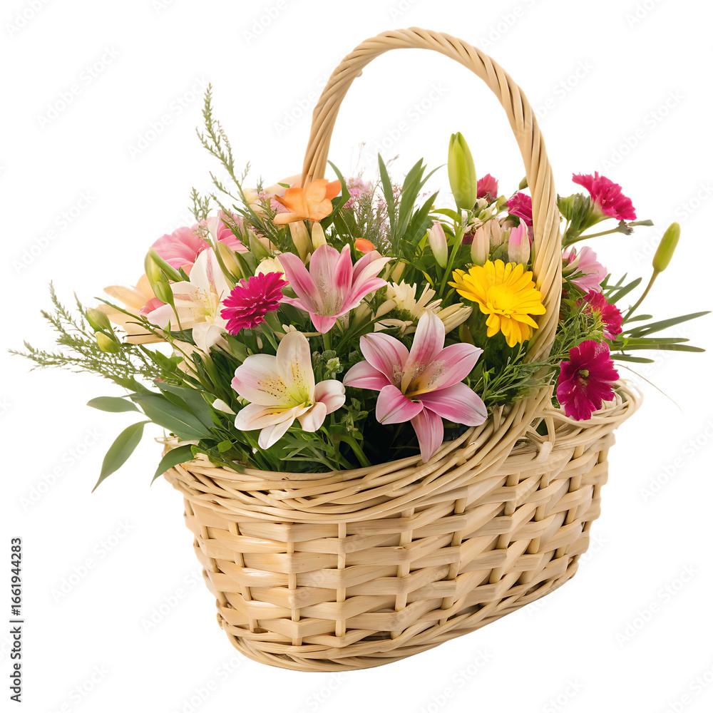 Obraz premium A beautiful handmade rattan flower arrangement basket isolated on a transparent background png