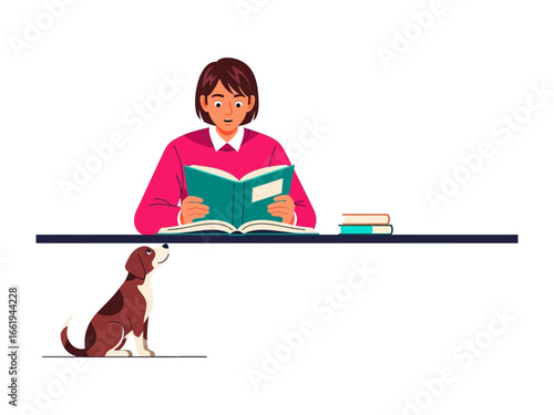Literary Companion: A woman is absorbed in a good book, while a loyal dog gazes upward in affectionate companionship, sharing a moment of quiet intimacy.