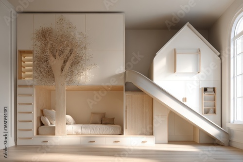Child plays, room with slide and tree. Home fun, furniture sales ad use case