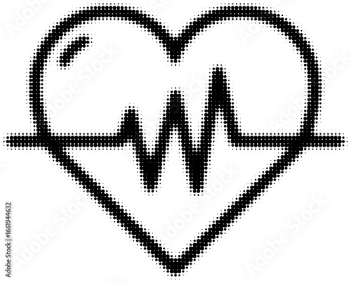 Heart shape with electrocardiogram line in halftone pixel art style. Vector illustration