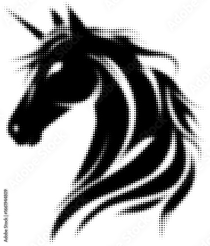 Black halftone unicorn silhouette with flowing mane and bold artistic design. Vector illustration