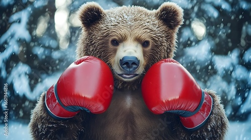 Playful Bear Wearing Red Boxing Gloves Ready for a Scrappy Fight