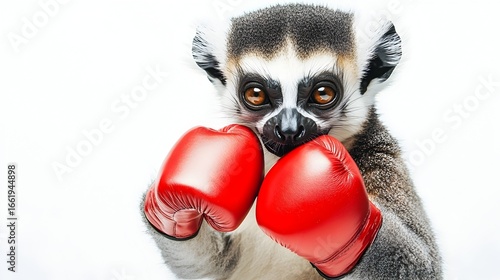 Determined Lemur in Red Boxing Gloves Readies for Fierce Fight on White Background