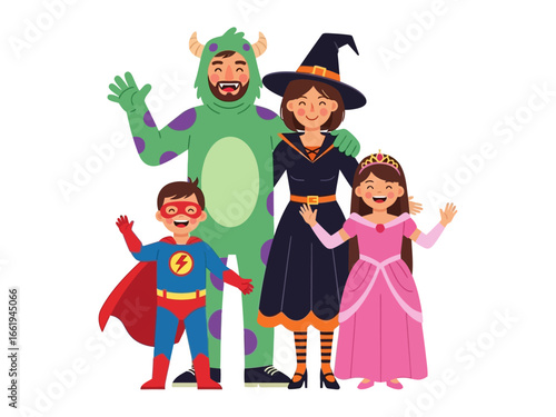 Halloween Costume Family Portrait: A family dressed up for Halloween, embodying joy and togetherness through creative costumes, fostering an atmosphere of fun and playfulness.