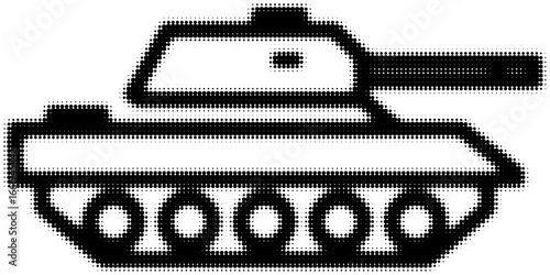 Pixelated black and white tank illustration in dot matrix style. Vector illustration