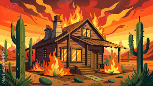 Close-up of an abandoned house on fire in a controlled burn, Gila Bend, Arizona, USA, glowing flames, rising smoke, cracked wood, glowing embers, dramatic destruction, controlled spectacle.