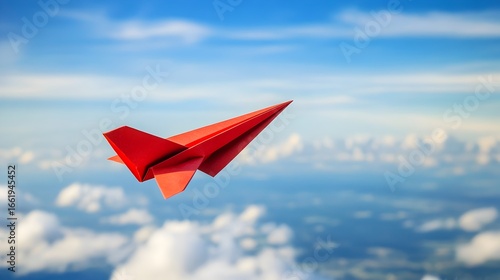 Vibrant Red Paper Plane Soaring Through Cloudy Sky Symbolizing Bold Leadership and Nonconformity