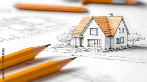Architectural House Concept Sketch on Paper with Pencils