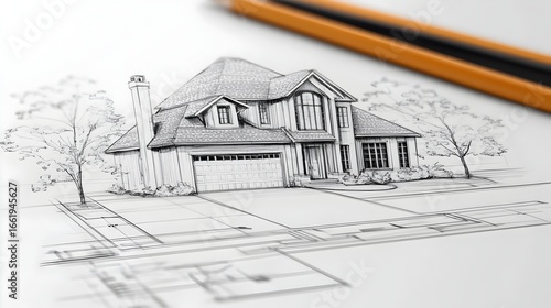 Architectural House Concept Sketch on White Paper with Pencil Drawing