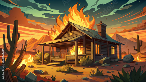 Close-up of an abandoned house on fire in a controlled burn, Gila Bend, Arizona, USA, glowing flames, rising smoke, cracked wood, glowing embers, dramatic destruction, controlled spectacle.
