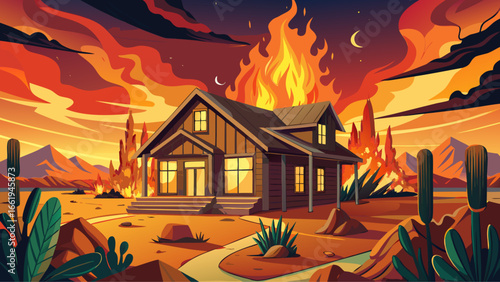 Close-up of an abandoned house on fire in a controlled burn, Gila Bend, Arizona, USA, glowing flames, rising smoke, cracked wood, glowing embers, dramatic destruction, controlled spectacle.
