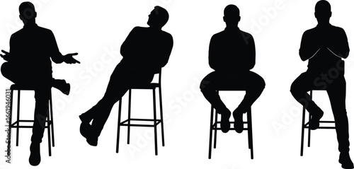 Sitting posture silhouette set, stool poses, crossed legs, relaxed body language, black vector clipart, seated figure icon design