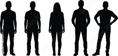 Standing people silhouette set, male and female poses, hands on hips, casual stance, black vector clipart, body shape icon