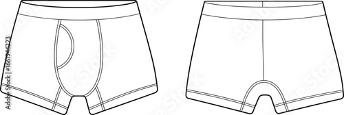 CAD drawing flat vector illustration of men’s boxer briefs underwear, technical fashion sketch front and back view template