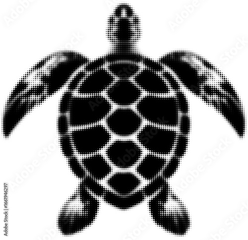 Black and white halftone style silhouette of a sea turtle illustration. Vector illustration