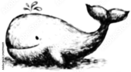Smiling black and white cartoon whale with water splash sitting calmly. Vector illustration
