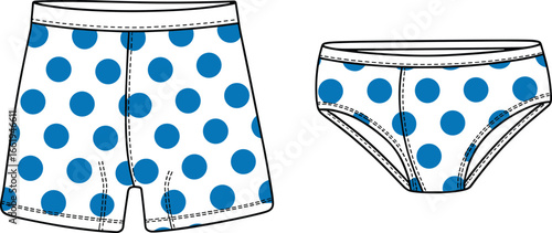 Cad drawing flat vector illustration, boxer shorts, briefs, polka dot pattern, fashion sketch, garment design, apparel template, textile design, clothing vector