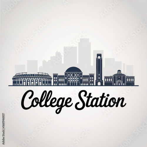 College Station Texas Skyline Silhouette — The Home of Texas A&M University Vector Illustration